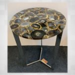Natural Semiprecious Black Agate Stone Side table with SS Base perfect for modern interiors
