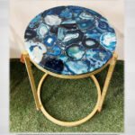 Natural Semiprecious Blue Agate Stone Side table with Ms Base perfect for modern interiors
