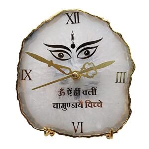 AGATE NATURAL STONE SHRI MAA KALI MANTRA TABLE CLOCK WITH GOLD ELECTROPLATING ON BORDER AND STAND