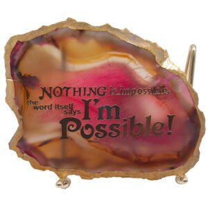 AGATE NATURAL STONE MOTIVATIONAL QUOTATION WITH GOLD ELECTROPLATING ON BORDER AND STAND
