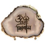 Religious Mantra on Natural Agate Semiprecious Stone with Gold Electroplating on Border with Stand(Shivji Mantra)