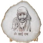 Religious Mantra on Natural Agate Semiprecious Stone with Gold Electroplating on Border with Stand(Saibaba Mantra)