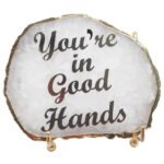 Motivational on Natural Agate Semiprecious Stone with Gold Electroplating on Border with Stand