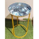 Natural Semiprecious Blue Agate Stone Side table with Ms Base perfect for modern interiors(14inch)
