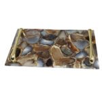 Natural Semiprecious agate and quartz serving tray with golden handles(Black Agate)