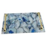 Natural Semiprecious agate and quartz serving tray with golden handles(Blue Agate)