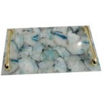 Natural Semiprecious agate and quartz serving tray with golden handles(Green Agate)