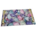 Natural Semiprecious agate and quartz serving tray with golden handles( Multi Agate)