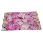 Natural Semiprecious agate and quartz serving tray with golden handles( Pink Agate)