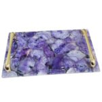 Natural Semiprecious agate and quartz serving tray with golden handles(Purple Agate)