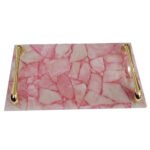 Natural Semiprecious agate and quartz serving tray with golden handles(Rose Quartz)