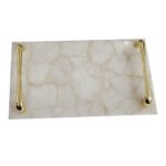 Natural Semiprecious agate and quartz serving tray with golden handles(White Quartz)