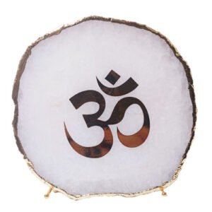om Mantra on Natural Agate Stone with Gold Electroplating on Border with Stand