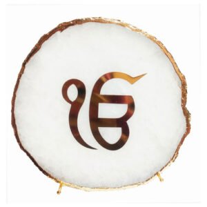 Ek Onkar Mantra on Natural Agate Stone with Gold Electroplating on Border with Stand
